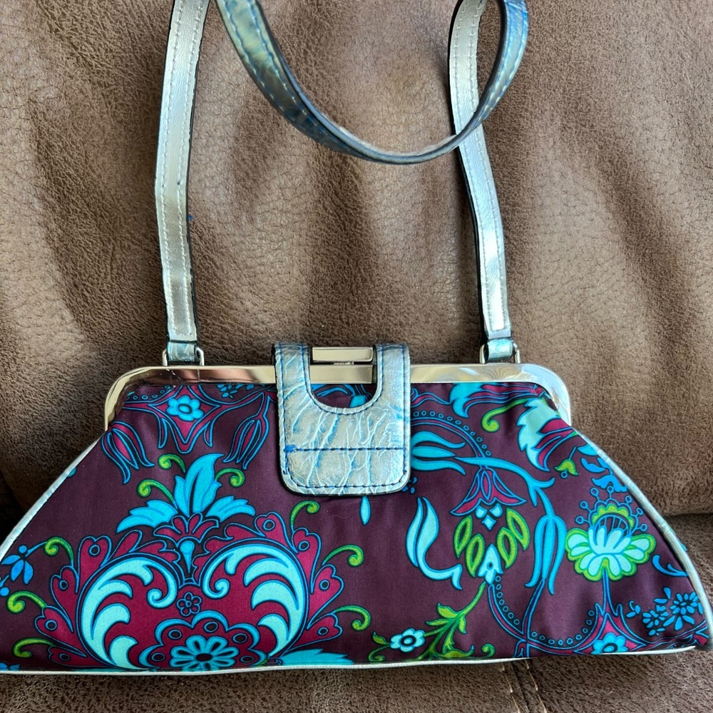 Guess Floral Blue and Silver  Metallic Clutch - Picture 3 of 7